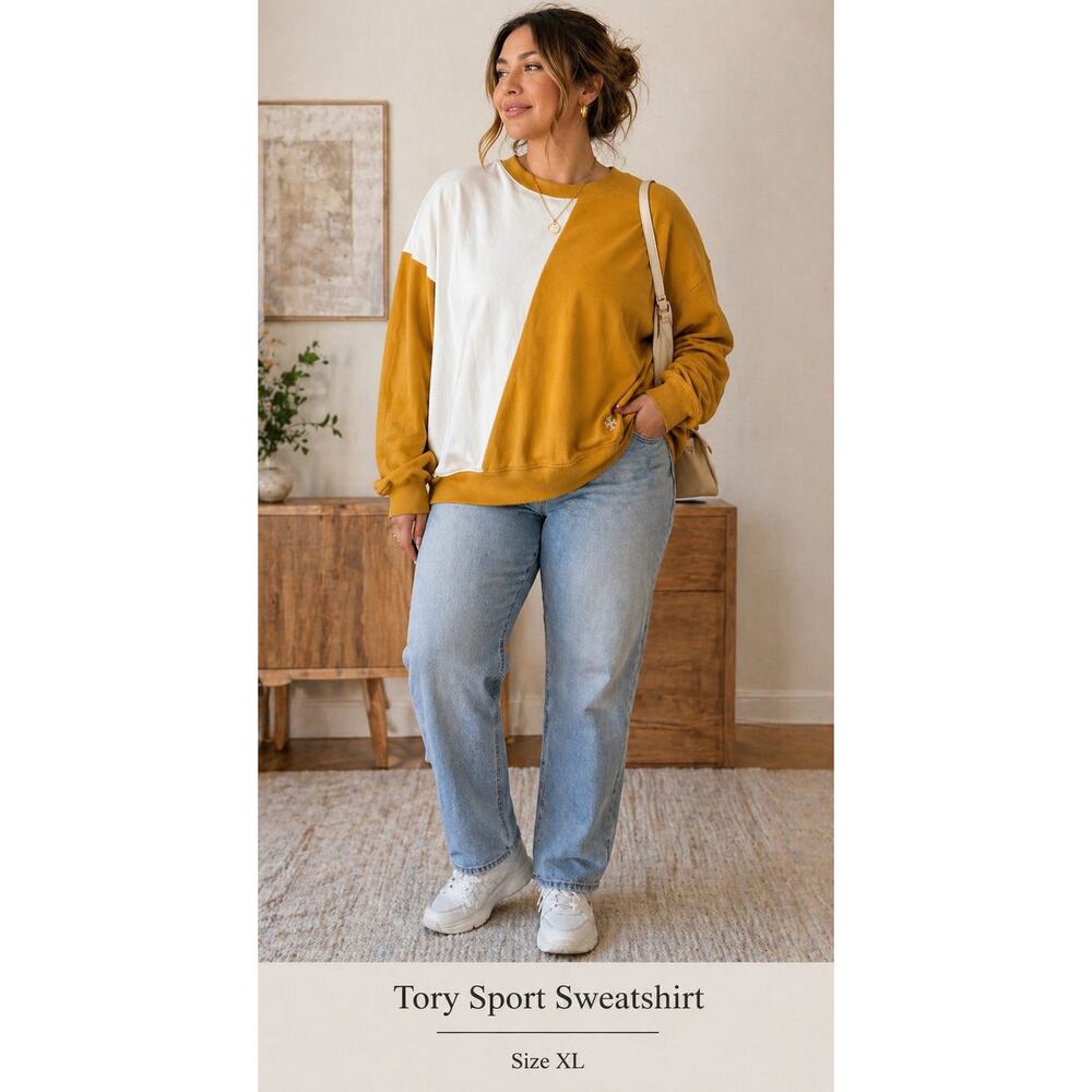 Tory Sport Colorblock Sweatshirt Women's Mustard White Crew Neck Oversized - XL
